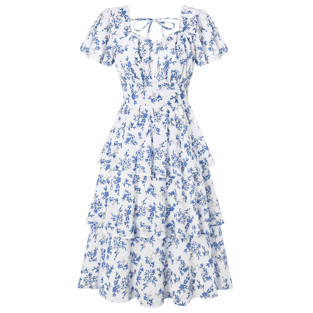 belle poque Women's Vintage Dress 1950s Summer Layered Tiered Ruffle A-line Swing Midi Dress Blue Floral