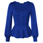 belle poque Women Vintage Ruched Tops Puffed Long Sleeve Peplum Hem Tops Blue