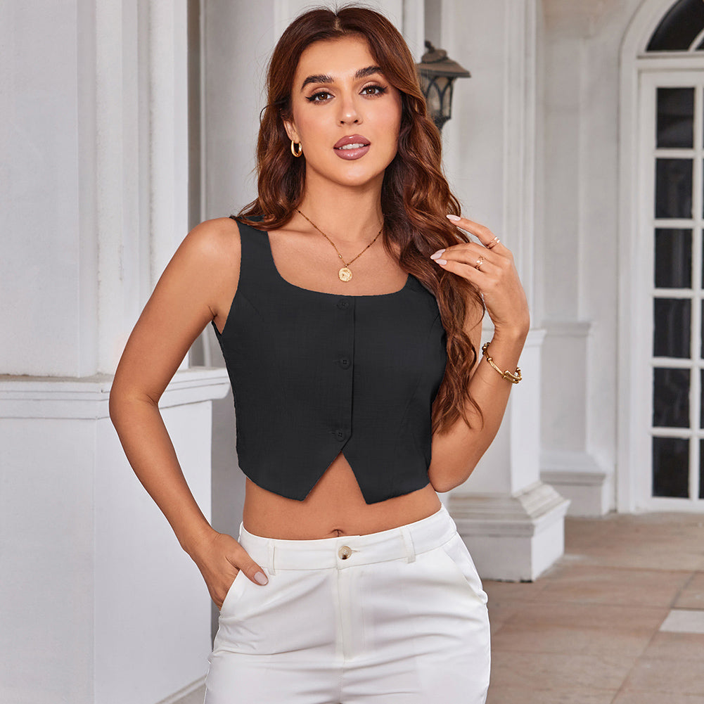 belle poque Women Vintage Handkerchief Hem Vest Square Neck Cropped Length Vest Coat