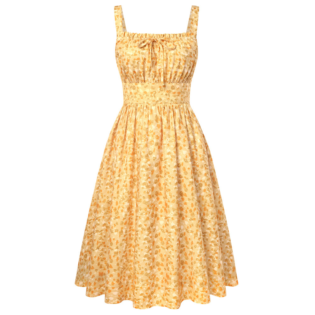 belle poque 2026 Summer Floral Dress Cute Milkmaid Dress with Pockets Yellow
