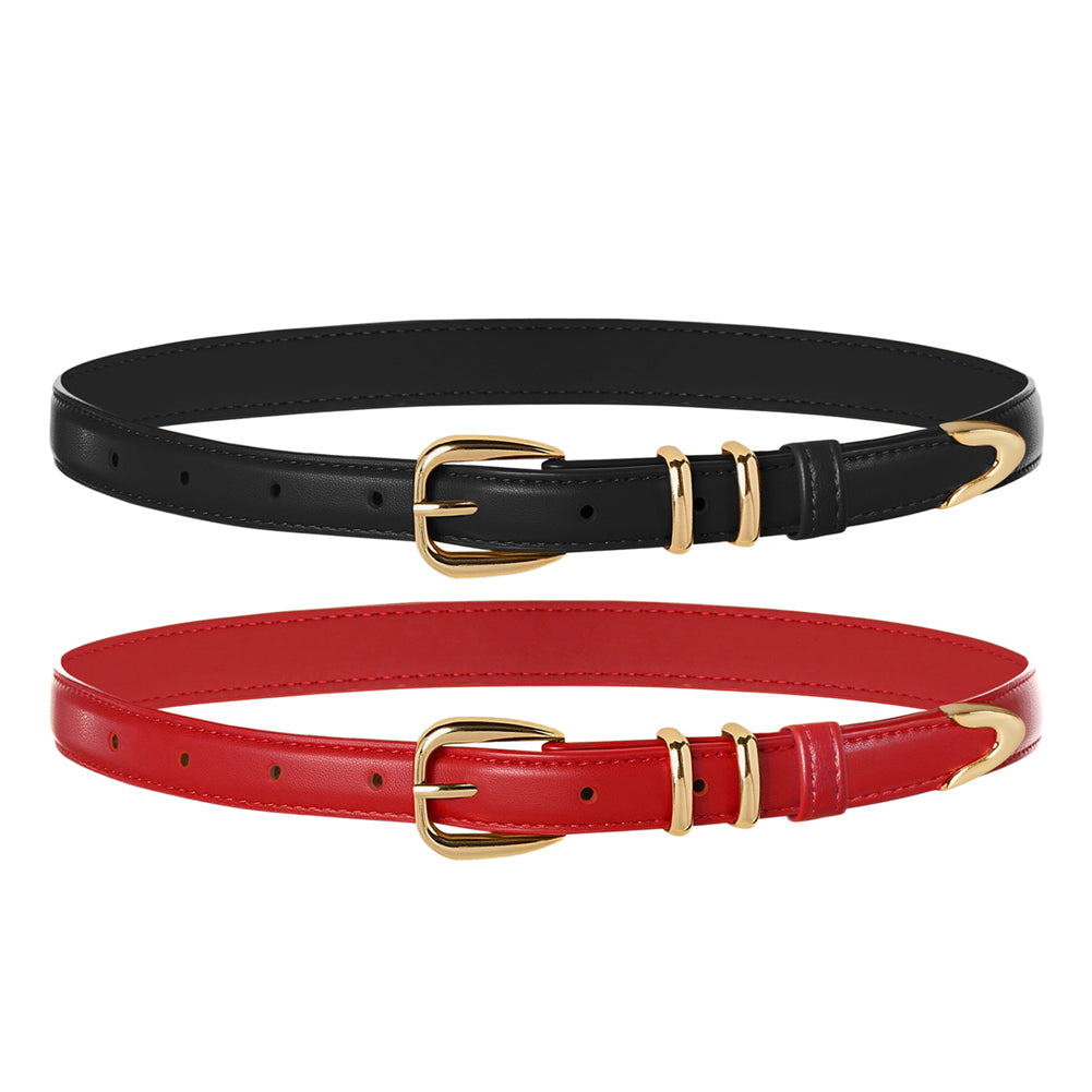 belle poque Women 2pcs Classic Buckle Waist Belt Ladies Polyurethane Leather Narrow Belt SET2