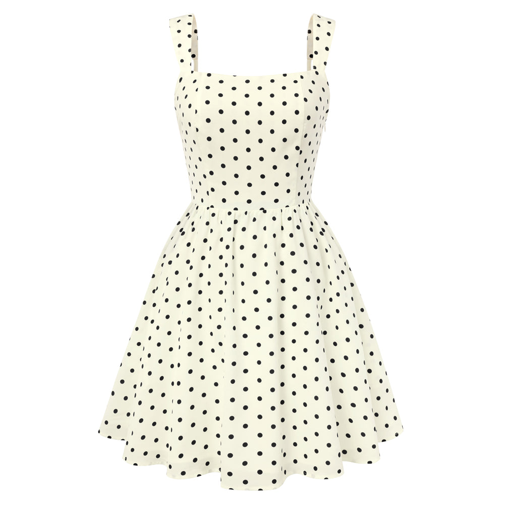 belle poque Women Vintage Polka-Dots Date Dress Square Neck Above Knee A-Line Dress White
