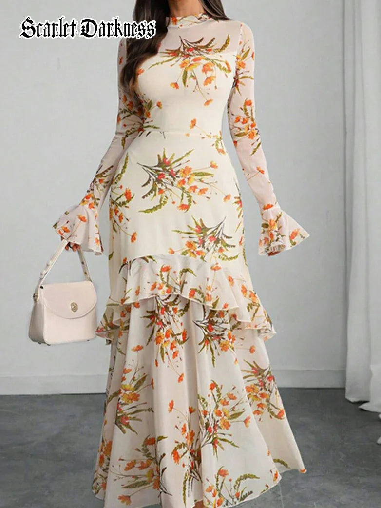 belle poque Floral Mesh Cover-Up Party Dress with Ruffled Sleeves Apricot
