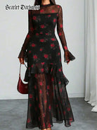 belle poque Floral Mesh Cover-Up Party Dress with Ruffled Sleeves Red