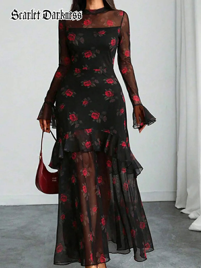 belle poque Floral Mesh Cover-Up Party Dress with Ruffled Sleeves Red