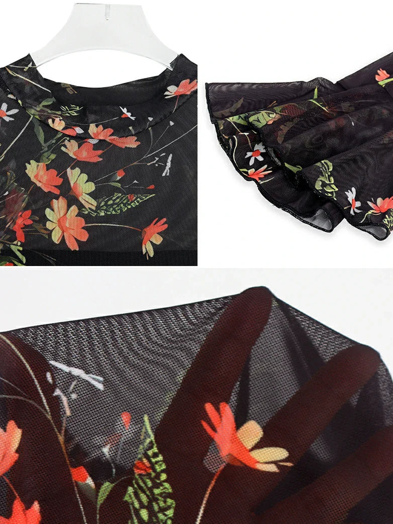 belle poque Floral Mesh Cover-Up Party Dress with Ruffled Sleeves