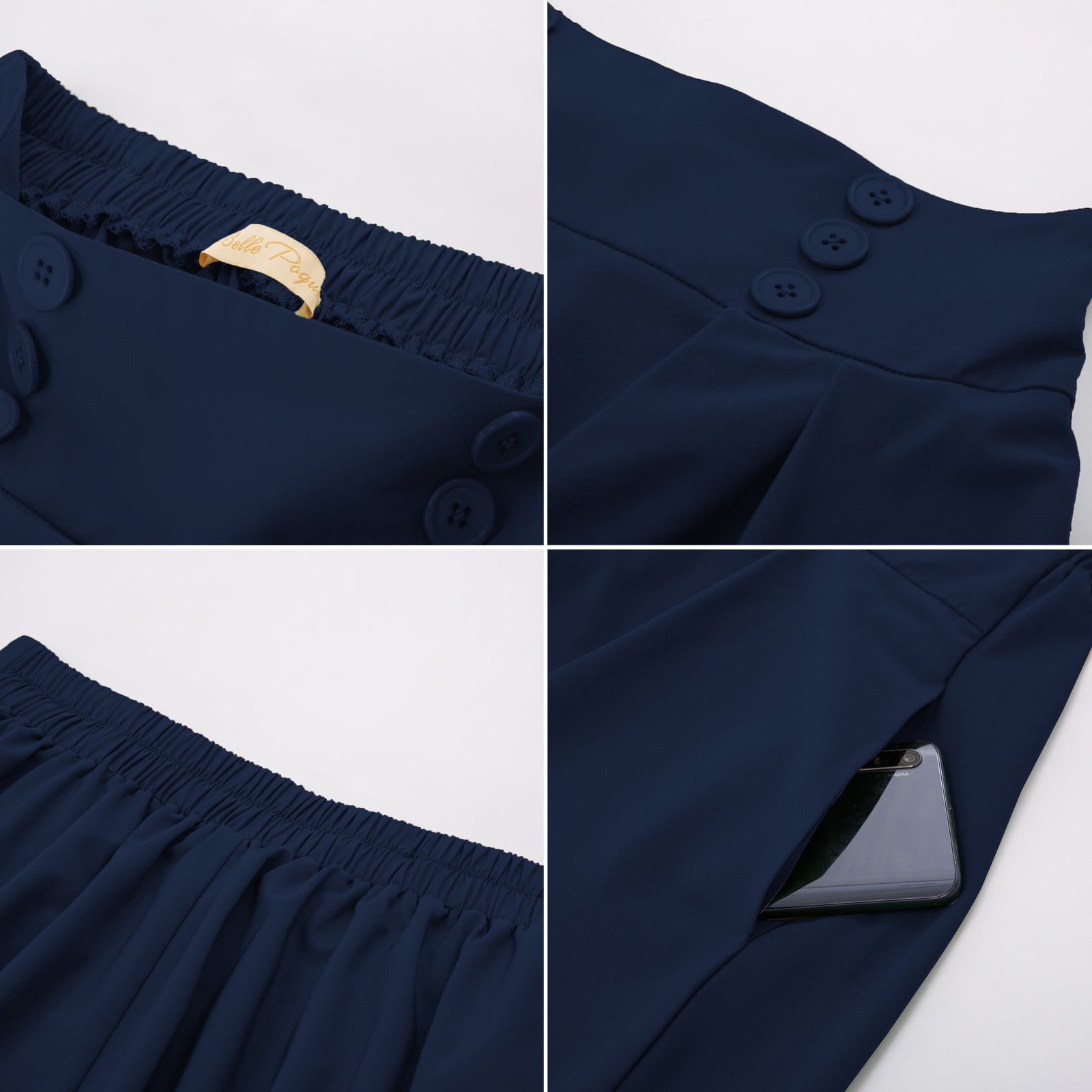 belle poque Pleated Buttons Decorated Elastic Waist High Waist Swing A-Line Skirt with Pockets