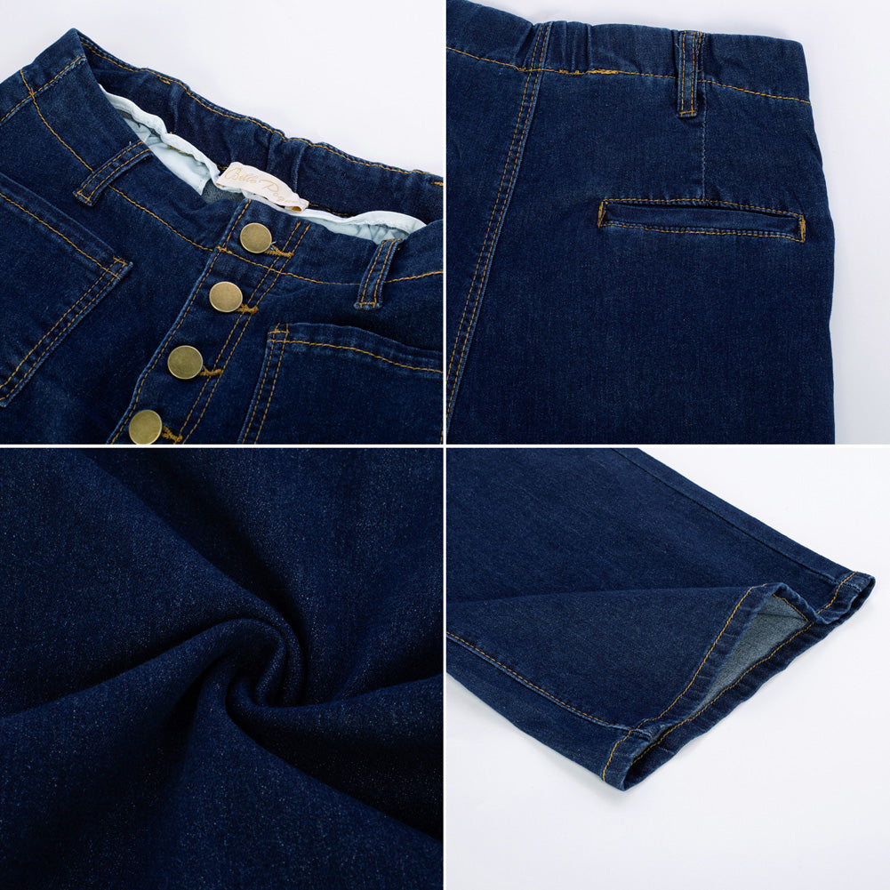 belle poque Vintage Straight Leg High Waisted Elastic Waist Multi-Pocket Flare Denim Pants