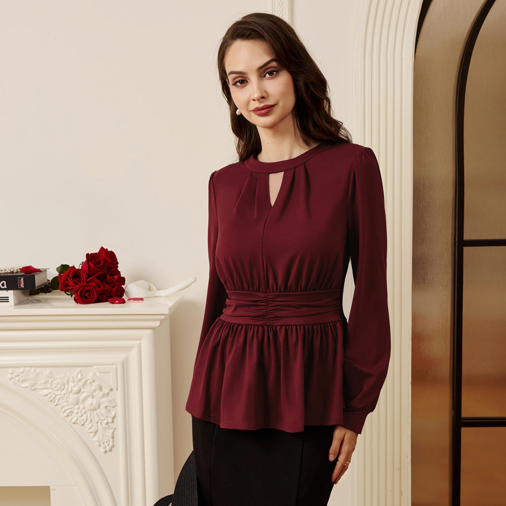 belle poque Women Retro Defined Waist Tops Long Lantern Sleeve Crew Neck Pullover Tops