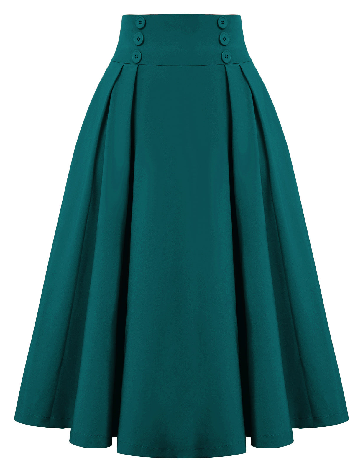 belle poque Pleated Buttons Decorated Elastic Waist High Waist Swing A-Line Skirt with Pockets Green
