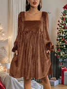 belle poque New Winter Christmas Warm Velvet Pockets Dress Brown