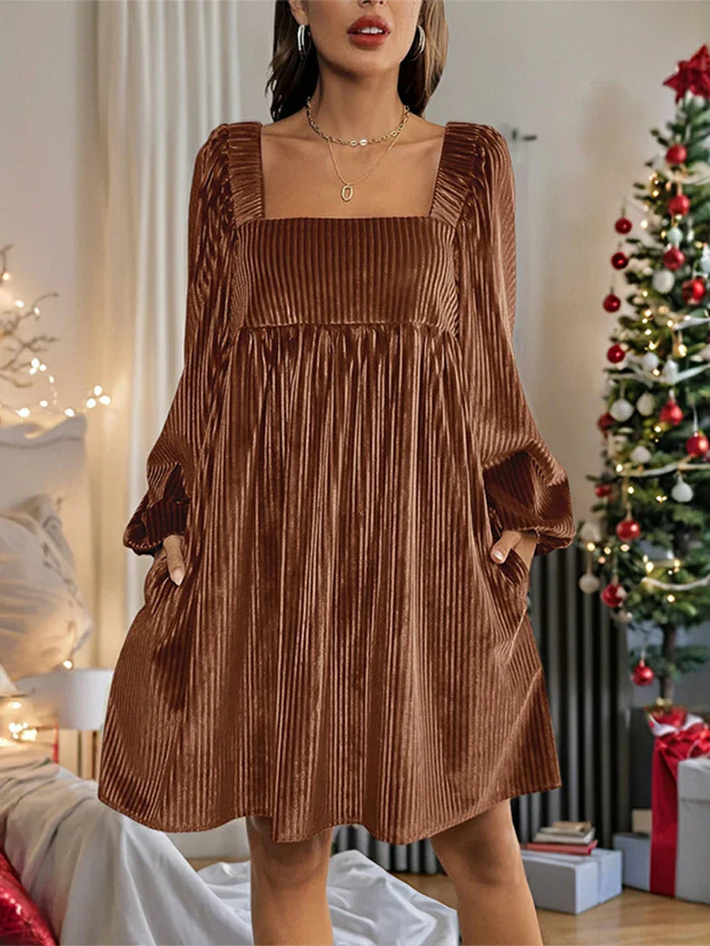 belle poque New Winter Christmas Warm Velvet Pockets Dress Brown