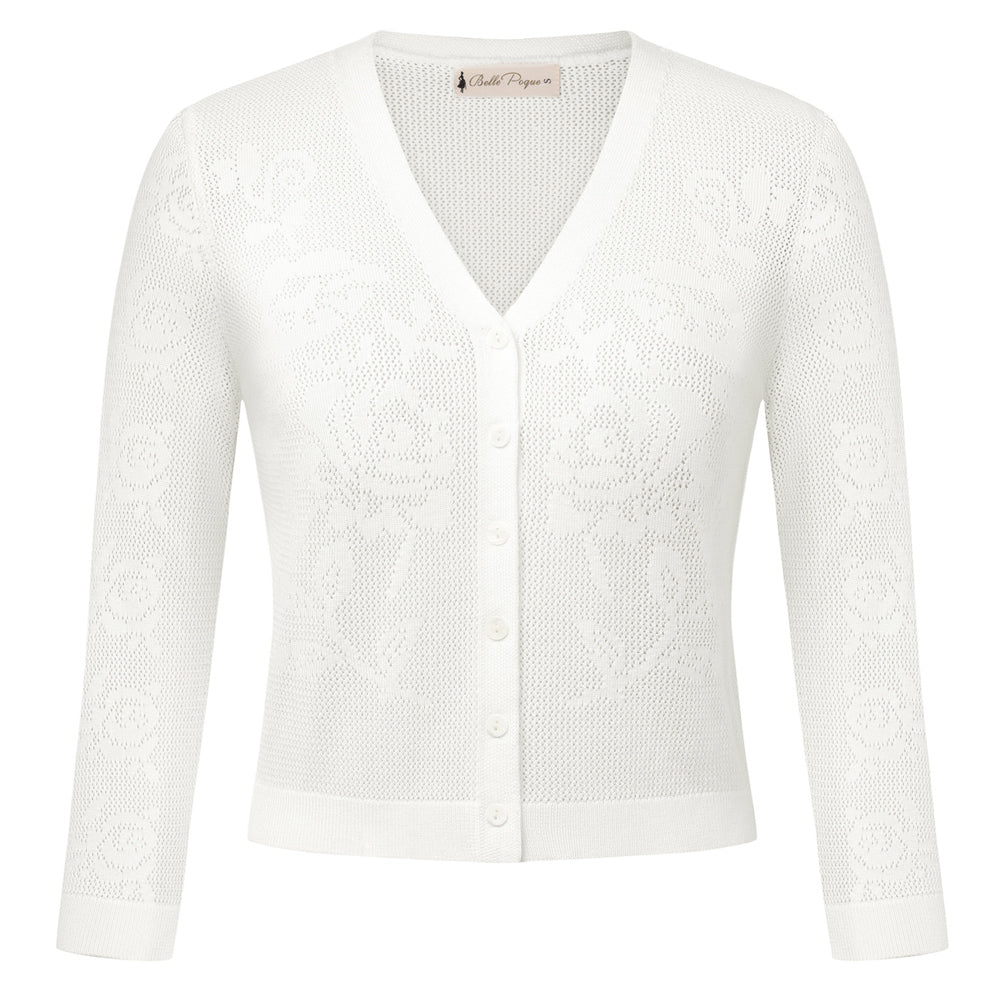 belle poque Women's Lace Cardigan Lightweight 3/4 Sleeve Button Down Cardigans White
