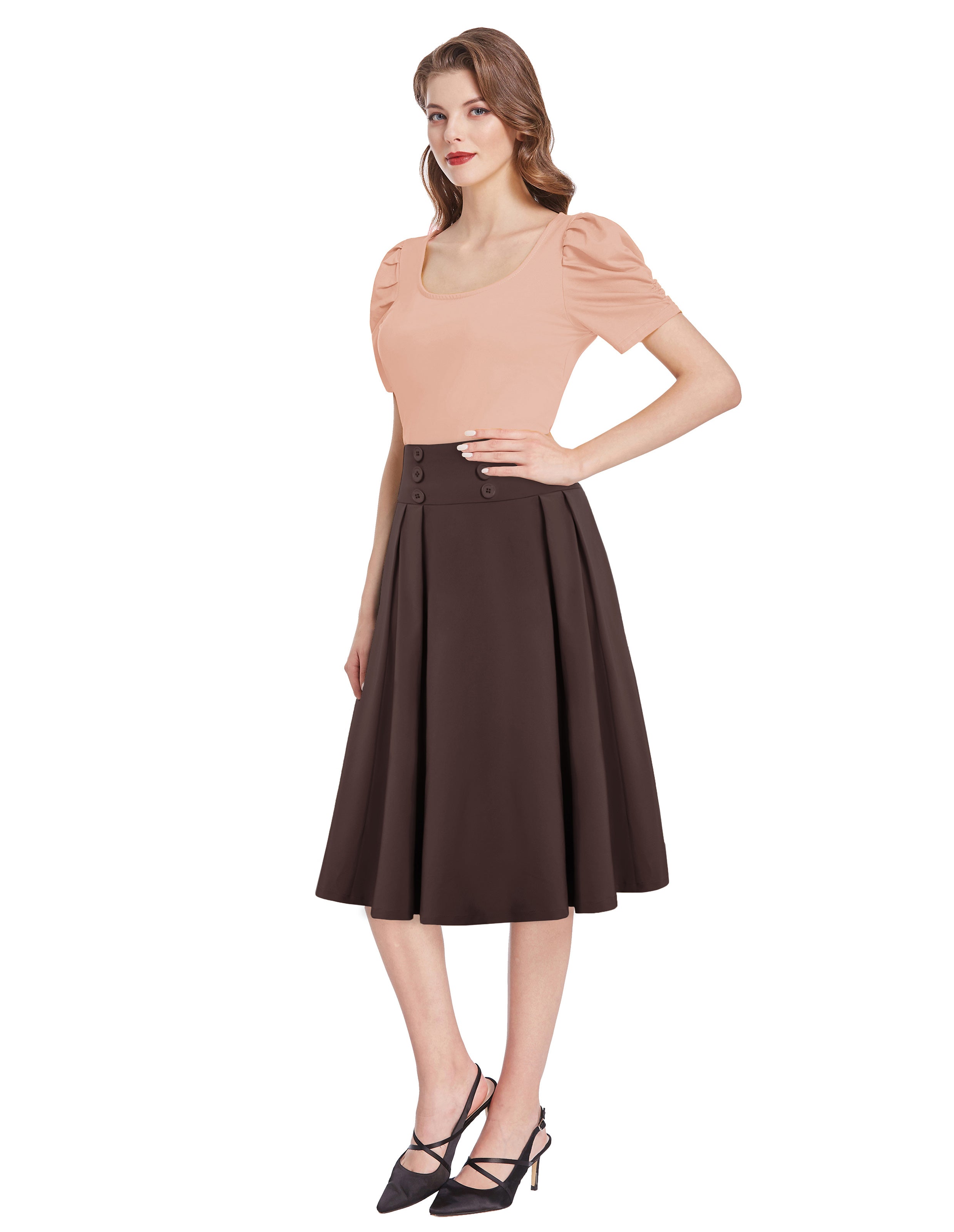 belle poque Pleated Buttons Decorated Elastic Waist High Waist Swing A-Line Skirt with Pockets