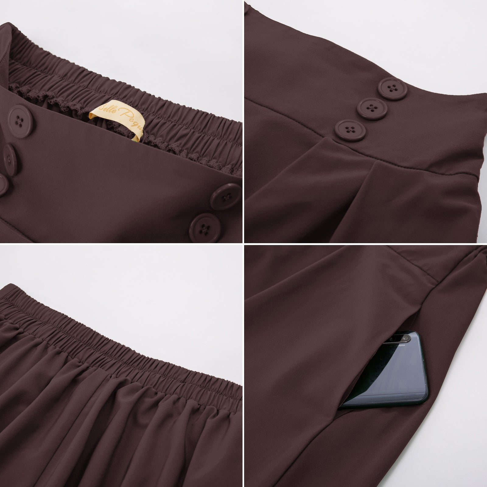 belle poque Pleated Buttons Decorated Elastic Waist High Waist Swing A-Line Skirt with Pockets