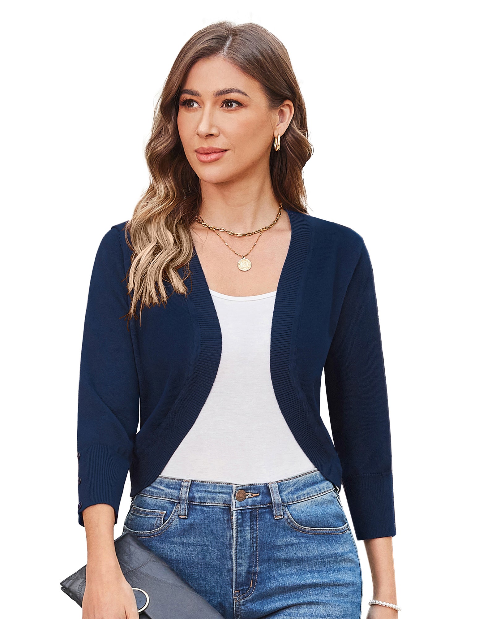 belle poque Womens 3/4 Sleeve Bolero Shrug Open Front Knit Cropped Cardigan