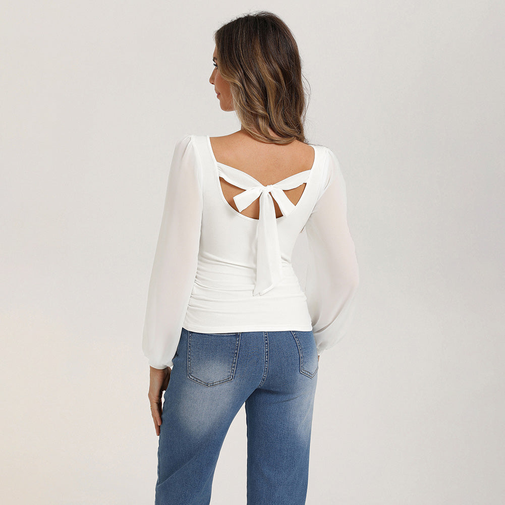 belle poque Women's Mesh Long Sleeve Tops Bow Tie Back Dressy Blouses