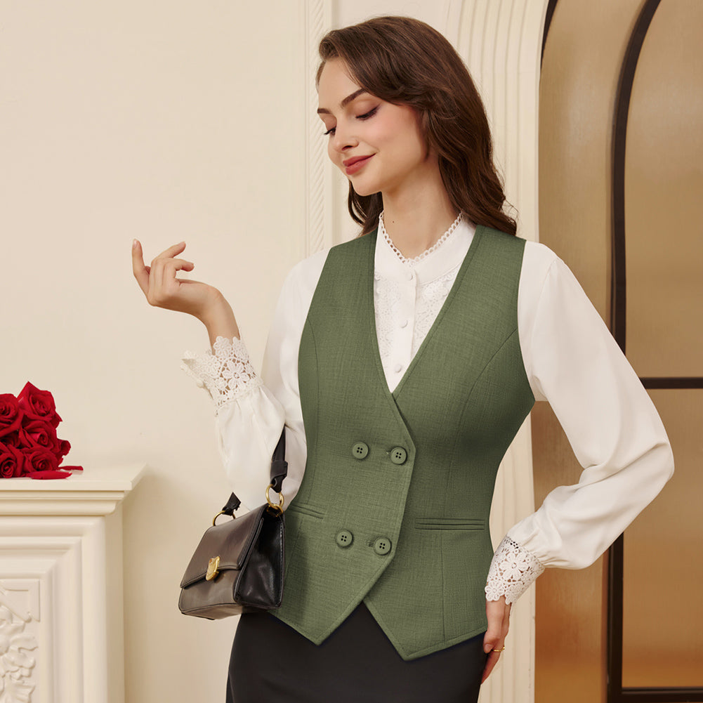 belle poque Women Double Breasted Vest Coat V-Neck Handkerchief Hem Business Waistcoat