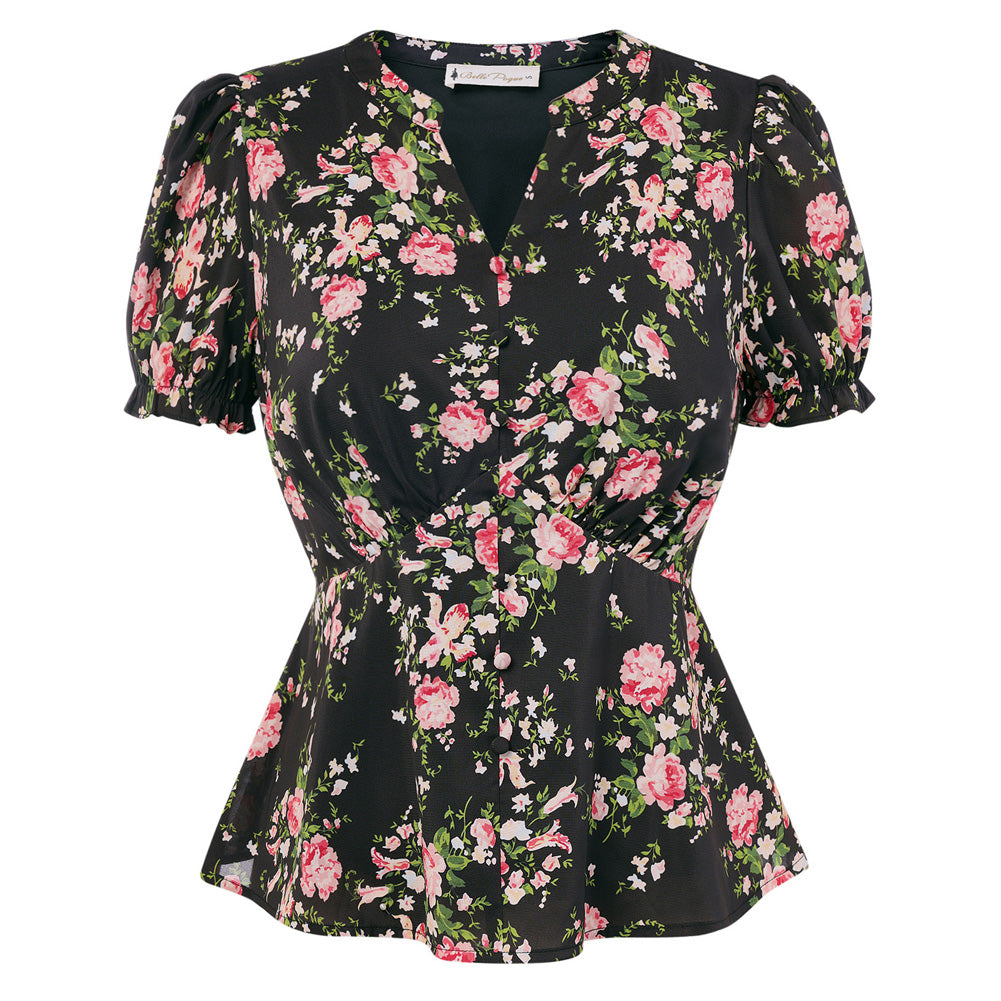 belle poque Floral Tops for Women Vacation Blouses Henley V Neck Shirts Peplum Tops Black