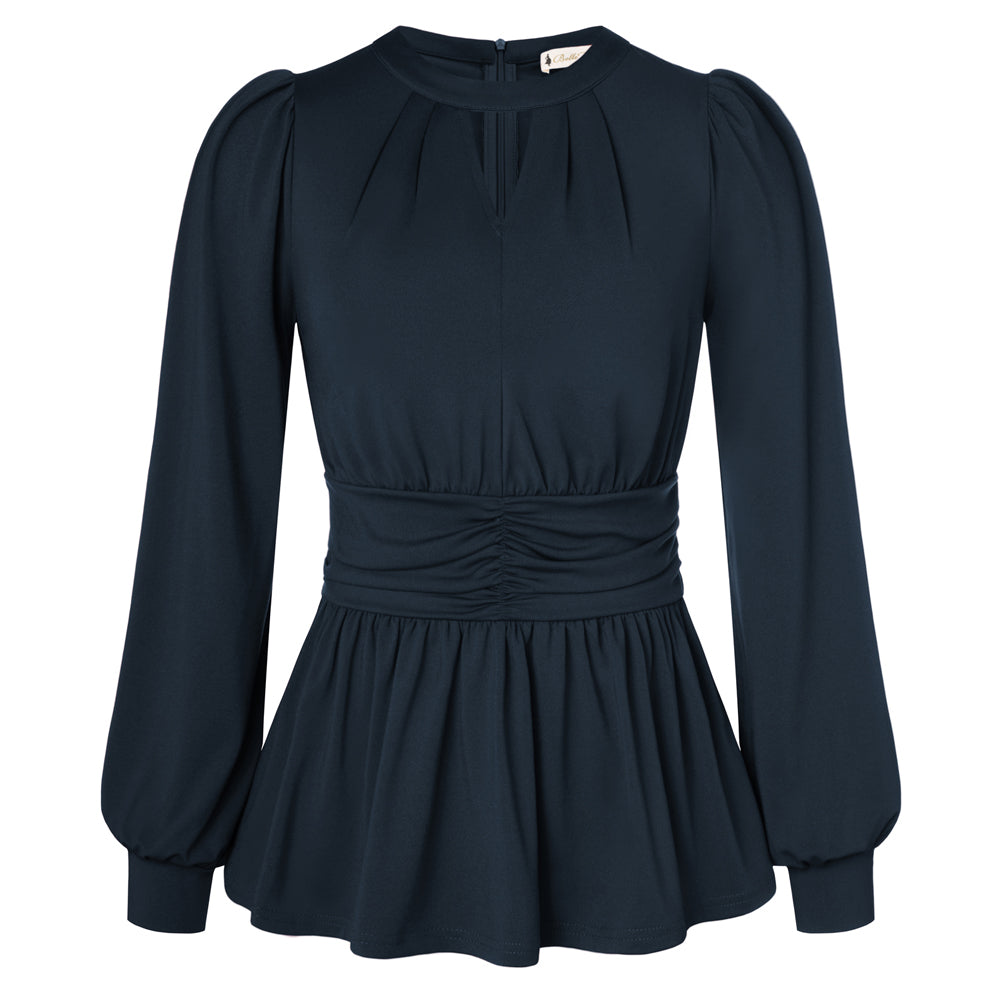 belle poque Women Retro Defined Waist Tops Long Lantern Sleeve Crew Neck Pullover Tops Navy Blue