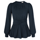 belle poque Women Retro Defined Waist Tops Long Lantern Sleeve Crew Neck Pullover Tops Navy Blue