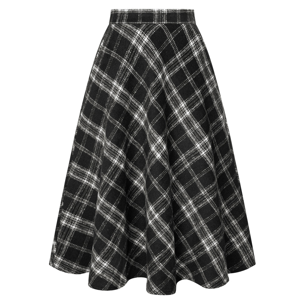 belle poque Women Vintage Plaided Swing Skirt Elastic Waist Mid-Calf Length A-Line Skirt Black