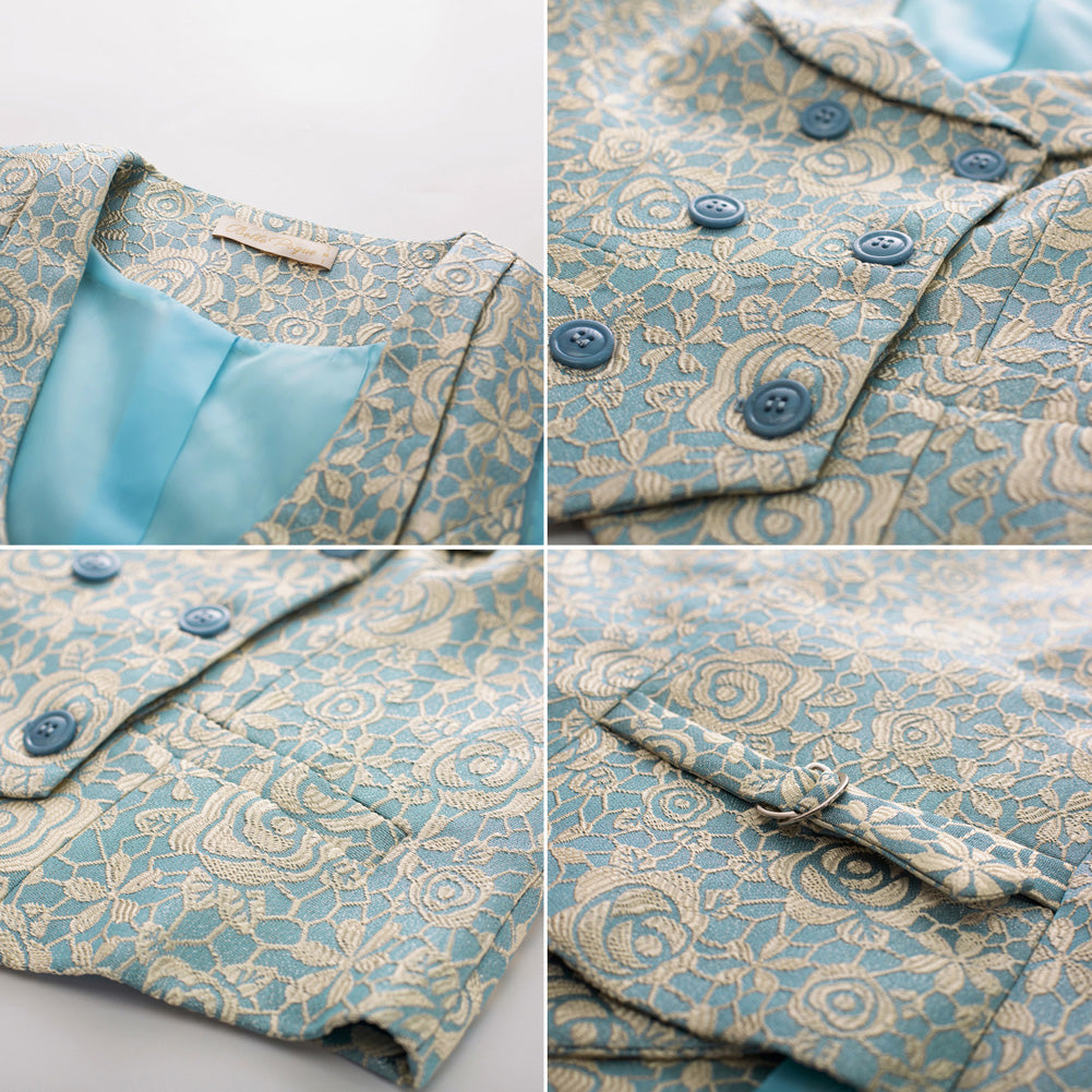 belle poque Vintage Floral Printed Double Breasted Vest Deep V-Neck Handkerchief Hem Vest Coat