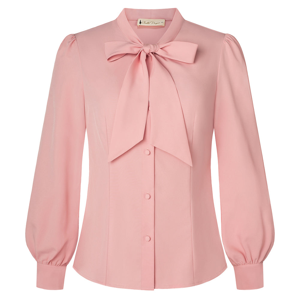 belle poque Women's Bow Tie Neck Blouse Button Down Shirt for Work Office Casual Pink