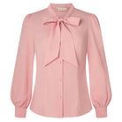 belle poque Women's Bow Tie Neck Blouse Button Down Shirt for Work Office Casual Pink