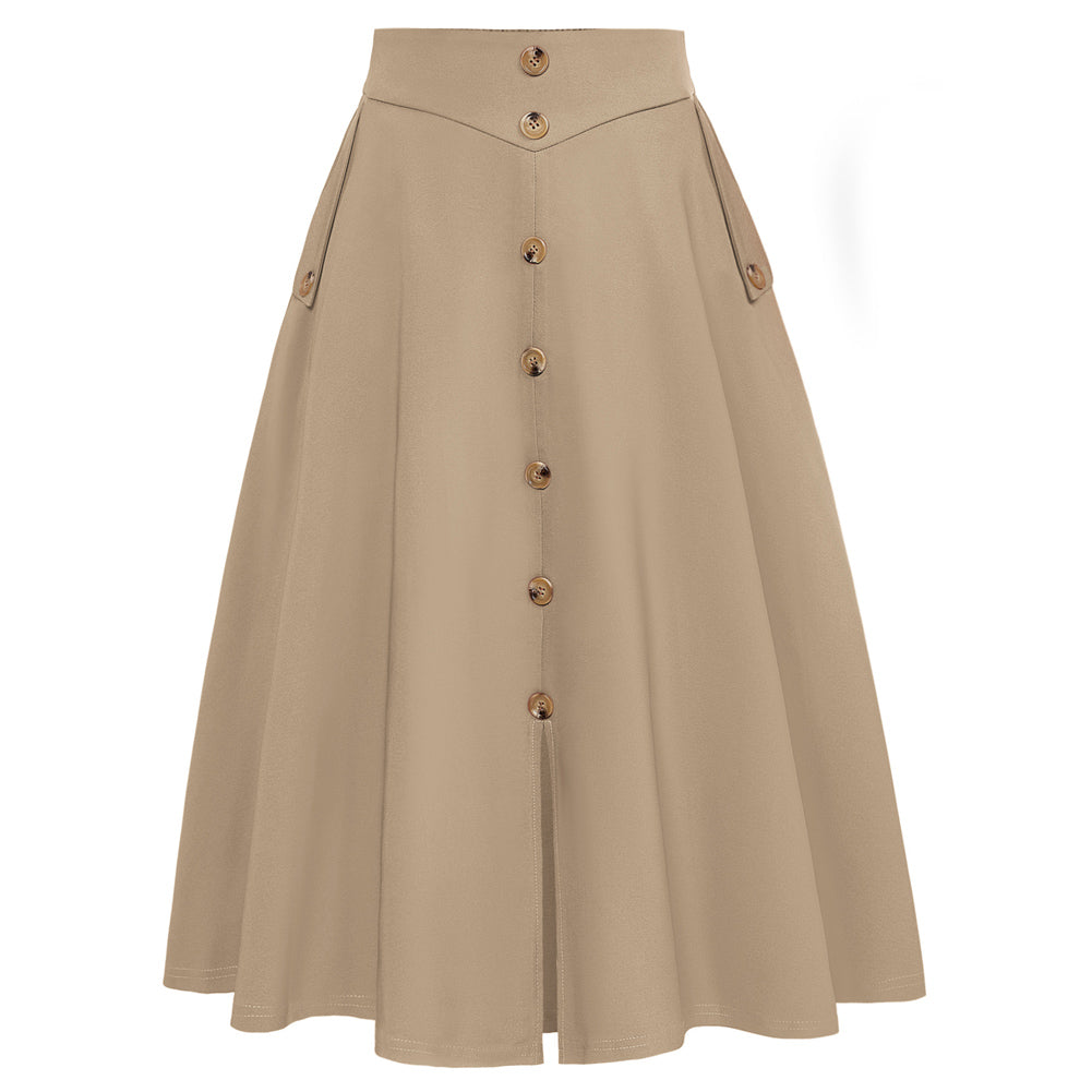 belle poque Belle Poque Women's Vintage A-Line Skirt with Slit Hem Khaki