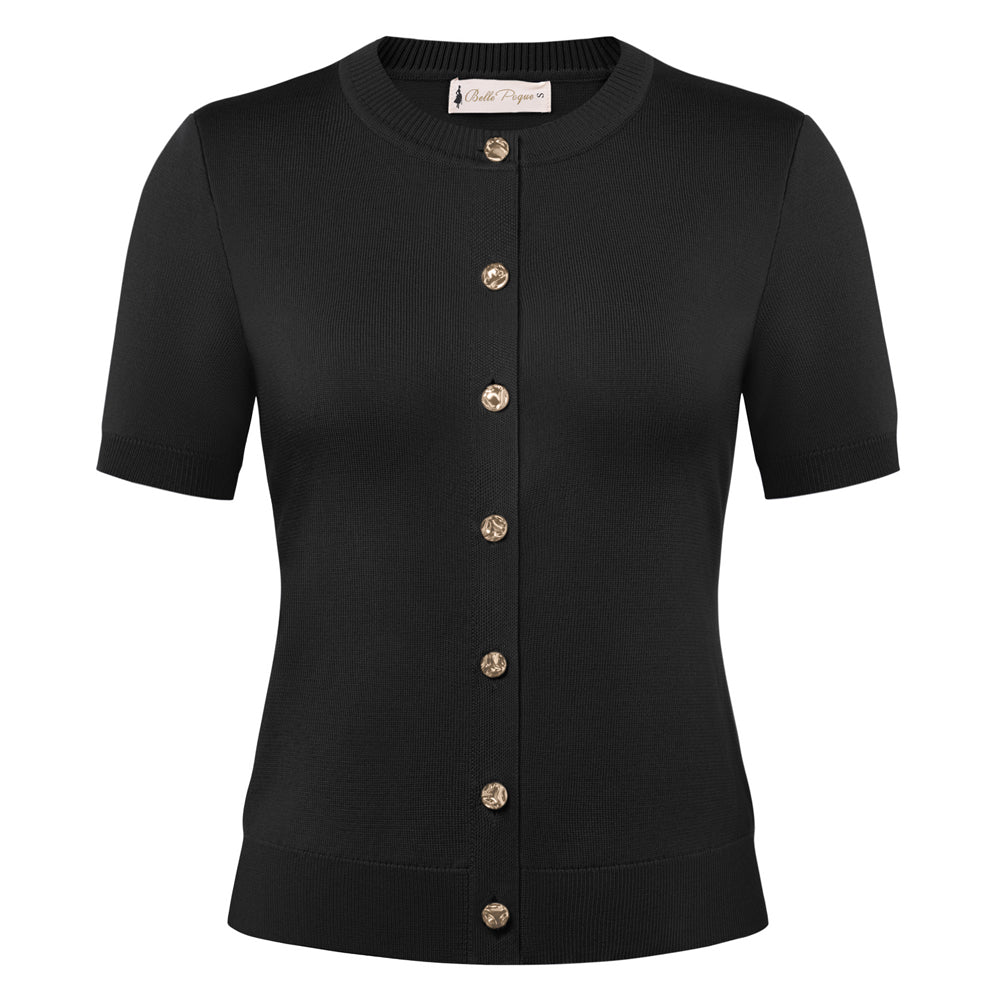 belle poque 2026 Spring Short Sleeve Cardigan Sweater Lightweight Button Up Cardigan Black