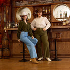 belle poque Vintage Straight Leg High Waisted Elastic Waist Multi-Pocket Flare Denim Pants