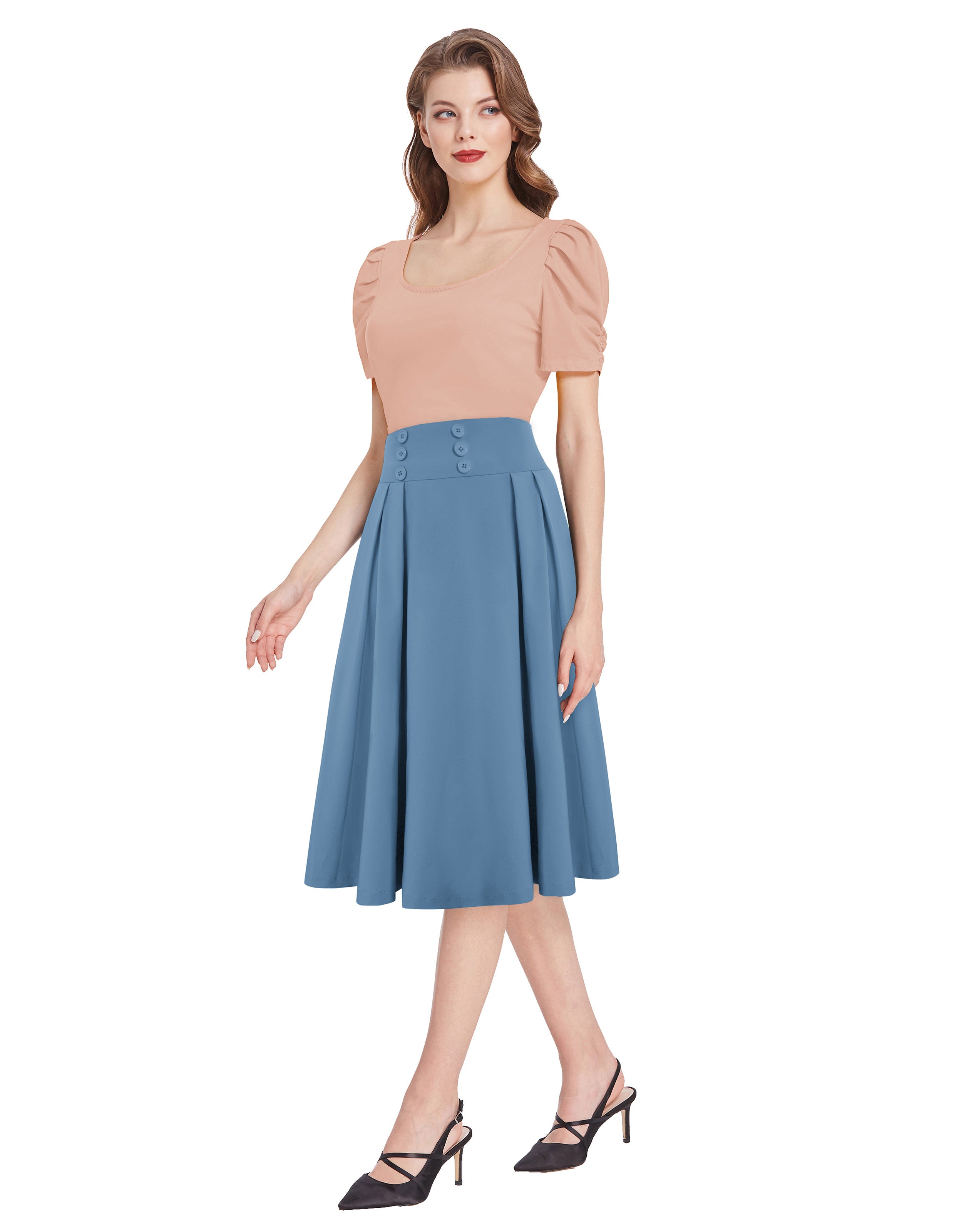 belle poque Pleated Buttons Decorated Elastic Waist High Waist Swing A-Line Skirt with Pockets