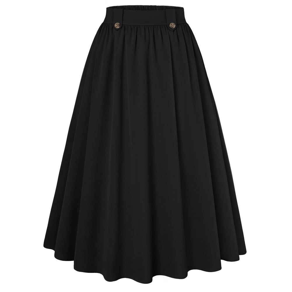 belle poque Women Vintage Swing Skirt Elastic Waist Mid-Calf Length A-Line Skirt Black