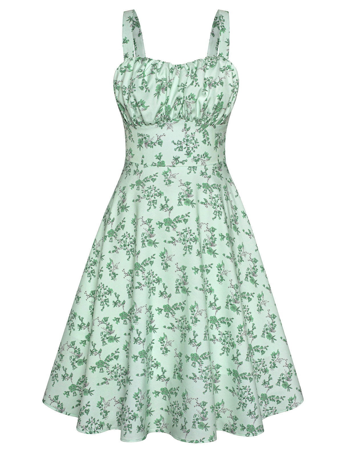 belle poque Vintage Two-Way Defined Waist Dress Ruched Bodice Flared A-Line Dress Green floral