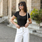 belle poque Women's Lace Trim Tops Slim Fit Ribbed Knit Basic Tee Tops