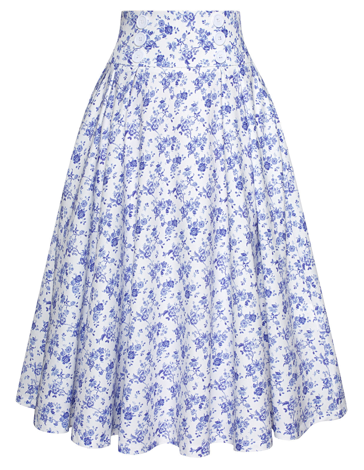 belle poque Pleated Buttons Decorated Elastic Waist High Waist Swing A-Line Skirt with Pockets floral purple