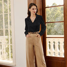 belle poque Women Vintage Shirt OL Long Sleeve Lapel Collar V-Neck Button-up Tops