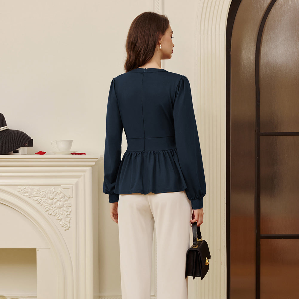 belle poque Women Retro Defined Waist Tops Long Lantern Sleeve Crew Neck Pullover Tops