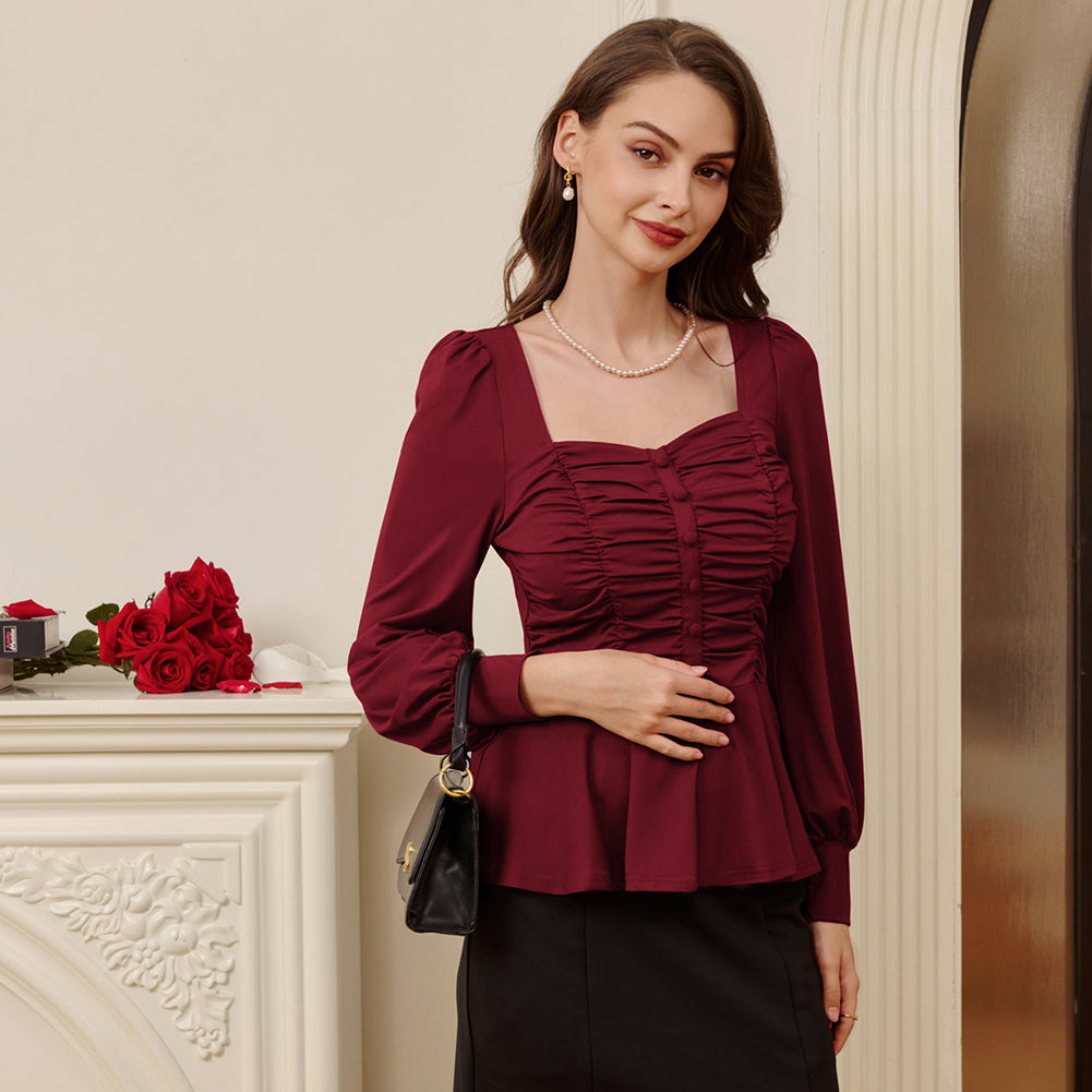 belle poque Women Vintage Ruched Tops Puffed Long Sleeve Peplum Hem Tops