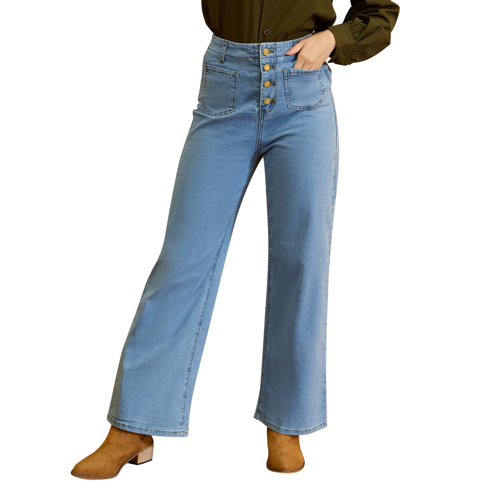 belle poque Vintage Straight Leg High Waisted Elastic Waist Multi-Pocket Flare Denim Pants