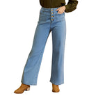 belle poque Vintage Straight Leg High Waisted Elastic Waist Multi-Pocket Flare Denim Pants