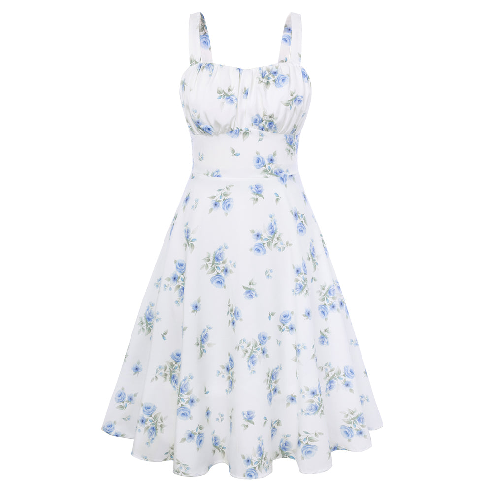 belle poque 1950s Women's Vintage Dresses Ruched Summer Cute Flowy Swing Midi Dress Blue Floral 2