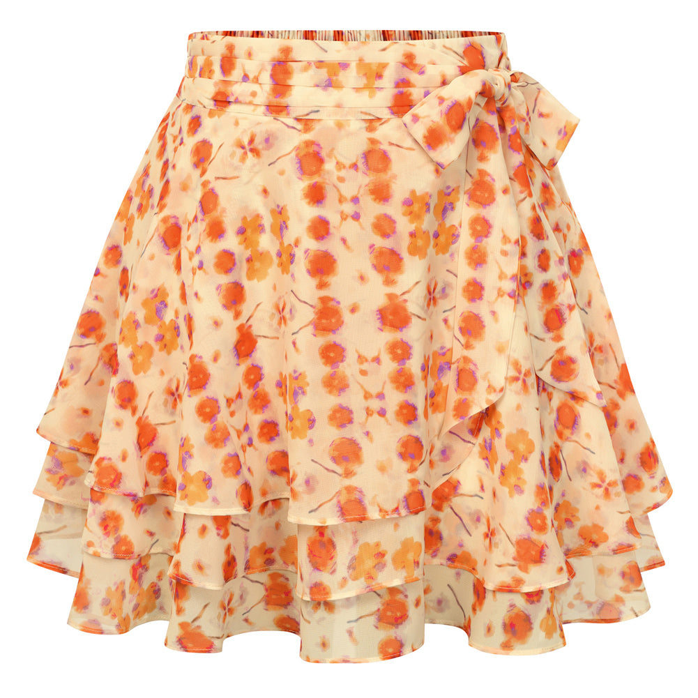 belle poque Women's Flowy Ruffle Mini Skirt with Shorts Underneath Boho Skirt Summer Skirt Orange