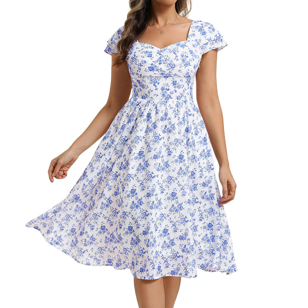 belle poque Women's Sweatheart Floral Dress 2026 Spring Ruched Midi Garden Party Dress Blue