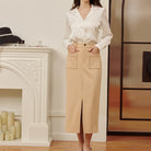 belle poque Women Cargo Skirt Long Pencil Skirt High Wiasted Skirts with Pockets & Slit