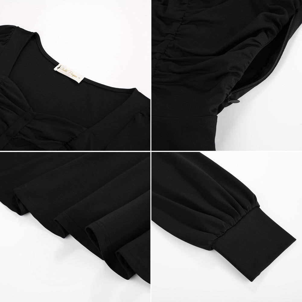 belle poque Women Vintage Ruched Tops Puffed Long Sleeve Peplum Hem Tops