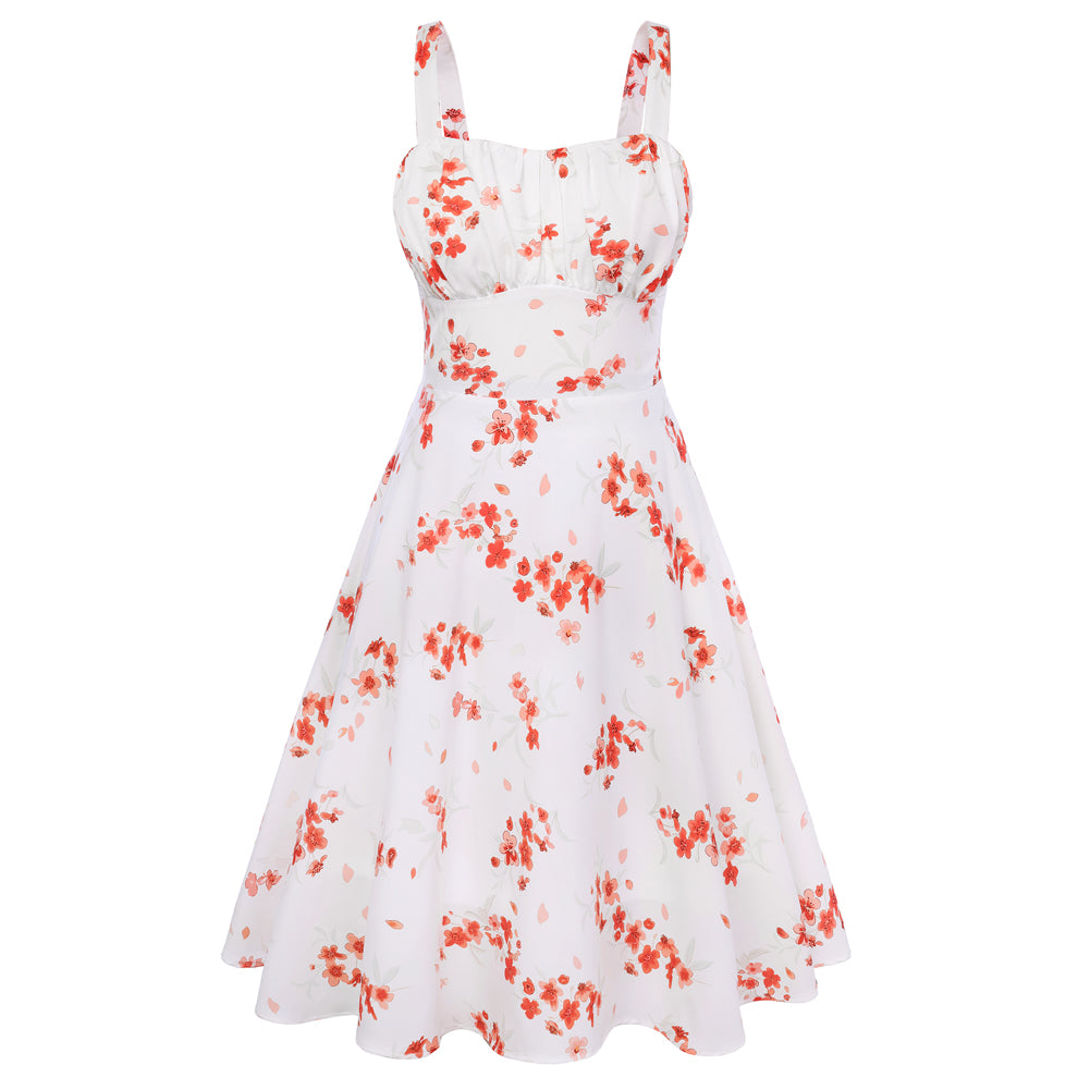 belle poque 1950s Women's Vintage Dresses Ruched Summer Cute Flowy Swing Midi Dress White Floral