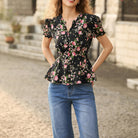 belle poque Floral Tops for Women Vacation Blouses Henley V Neck Shirts Peplum Tops