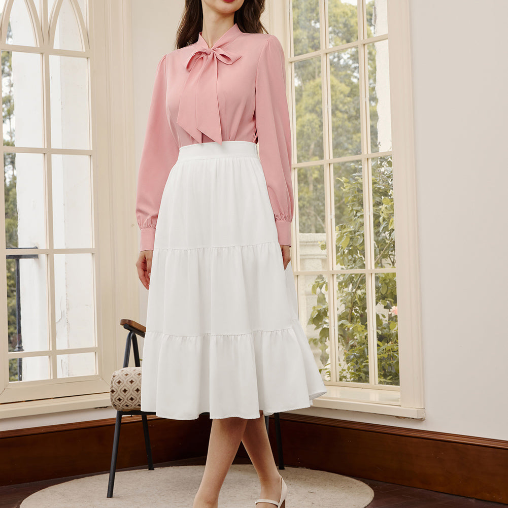 belle poque Women's Bow Tie Neck Blouse Button Down Shirt for Work Office Casual